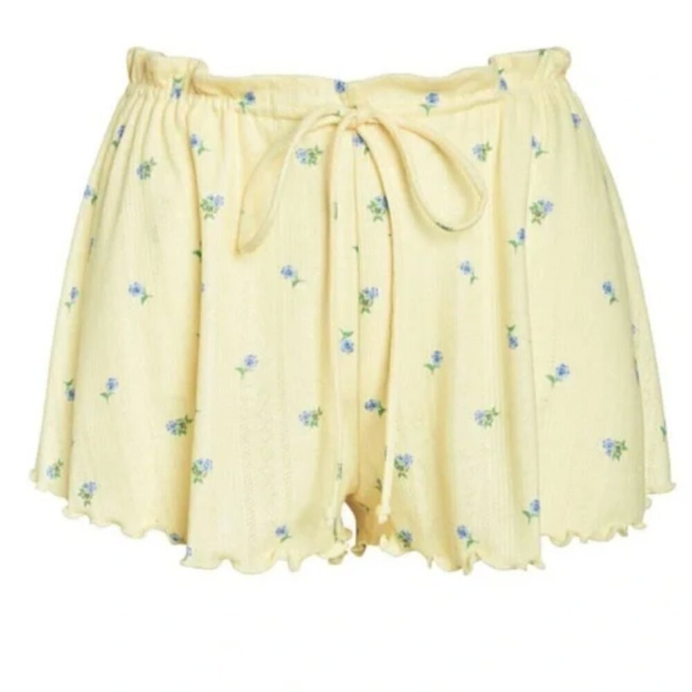 For Love & Lemons Women's Size Medium Pointelle Shorts Butter Yellow Blue Floral - Picture 2 of 10